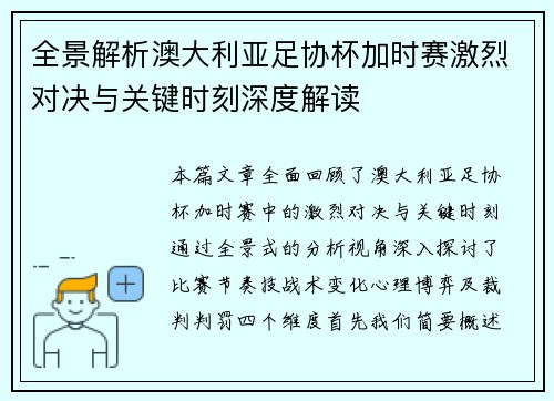 全景解析澳大利亚足协杯加时赛激烈对决与关键时刻深度解读