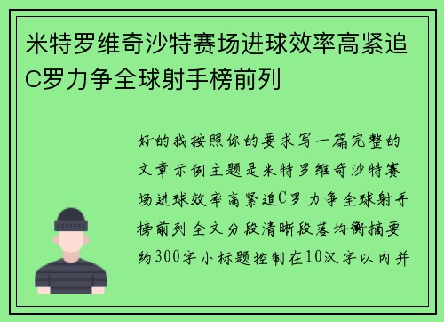 米特罗维奇沙特赛场进球效率高紧追C罗力争全球射手榜前列 米特罗维奇沙特赛场进球效率高紧追C罗力争全球射手榜前列