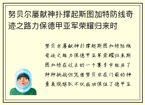 努贝尔屡献神扑撑起斯图加特防线奇迹之路力保德甲亚军荣耀归来时 努贝尔屡献神扑撑起斯图加特防线奇迹之路力保德甲亚军荣耀归来时